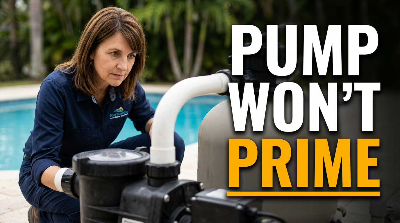 Female pool technician inspecting a pool pump in a tidy equipment area
