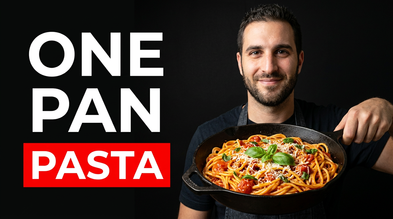 Creator presenting a skillet of glossy pasta in a bright home kitchen