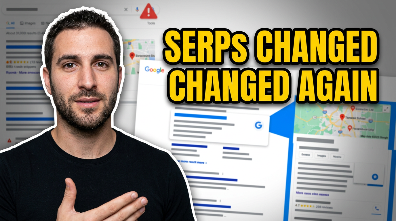 SEO consultant in front of a layered search results page with shifting result blocks