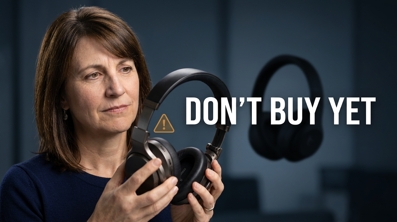 Female reviewer examining wireless headphones with a prominent warning-style product comparison layout