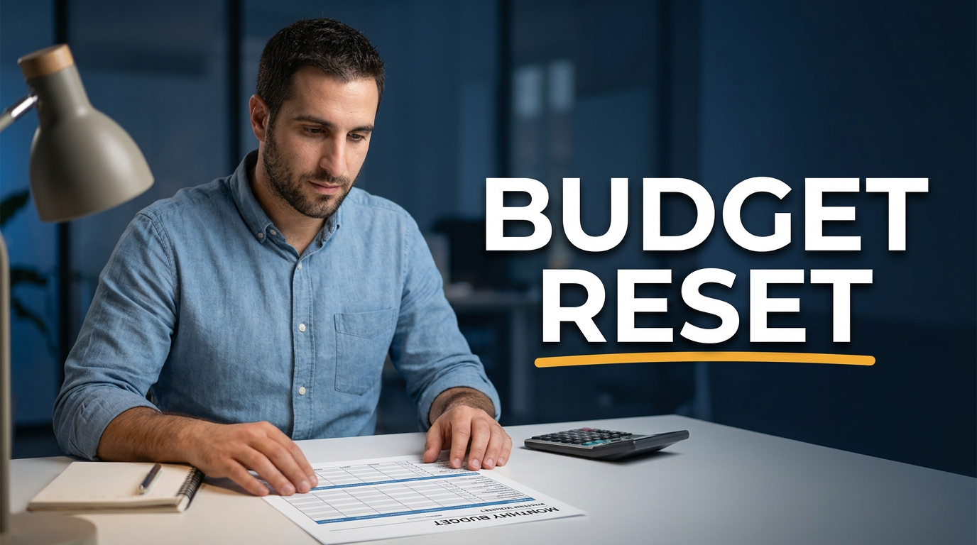 Personal finance creator beside a monthly budget worksheet at a tidy desk