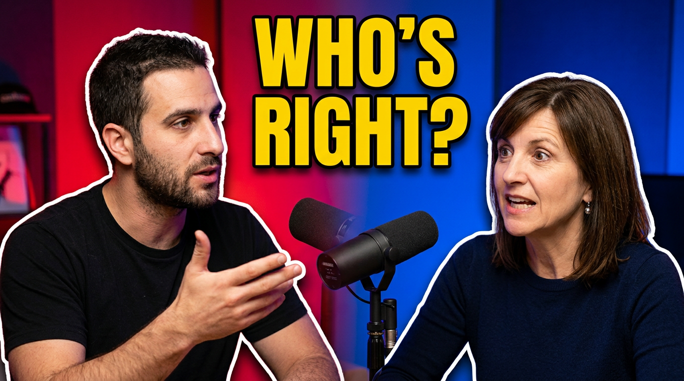 Two podcast co-hosts facing each other in an energetic studio debate