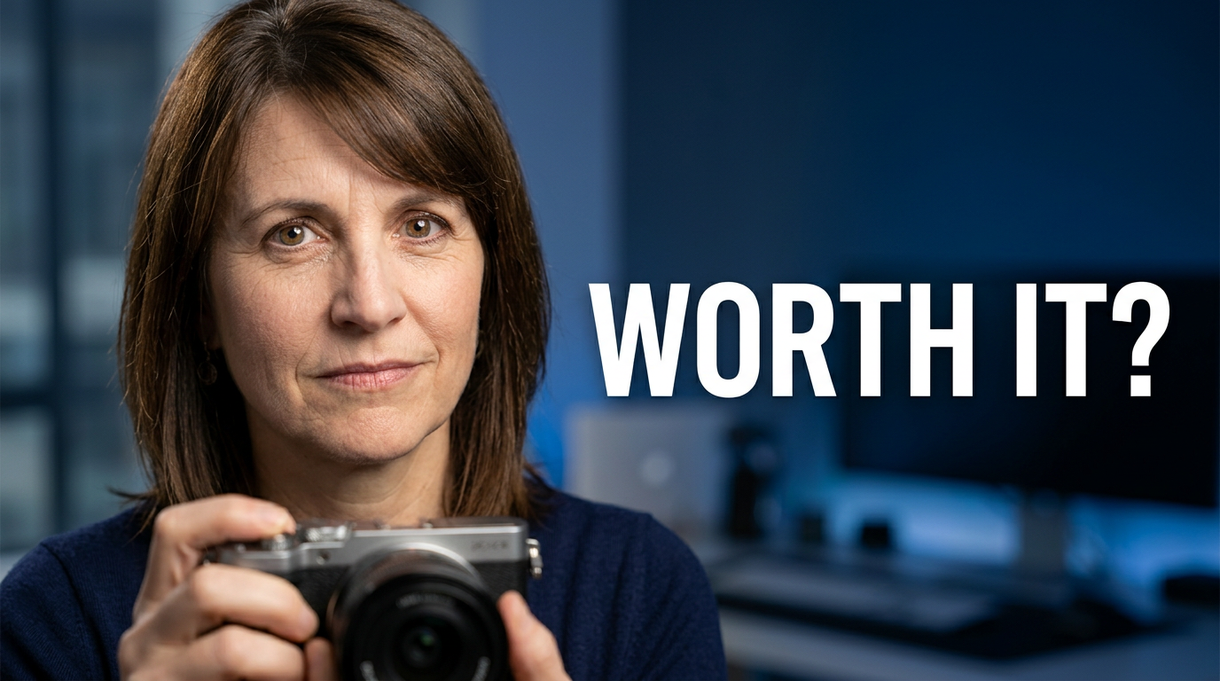 Female creator holding a compact camera with a skeptical expression for a product review thumbnail