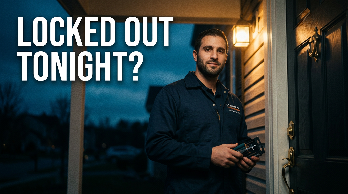Male locksmith standing beside a residential front door at night with lock tools visible