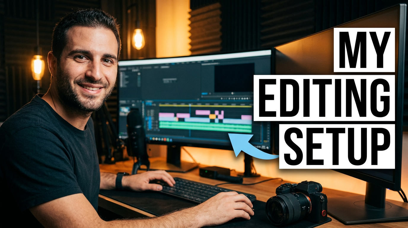 Male YouTube creator seated at a desk with a camera, microphone, and dual-monitor editing workstation