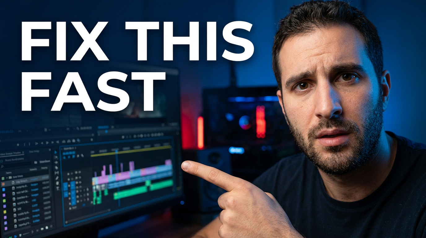 Male creator pointing at a large blurred editing timeline with a focused expression