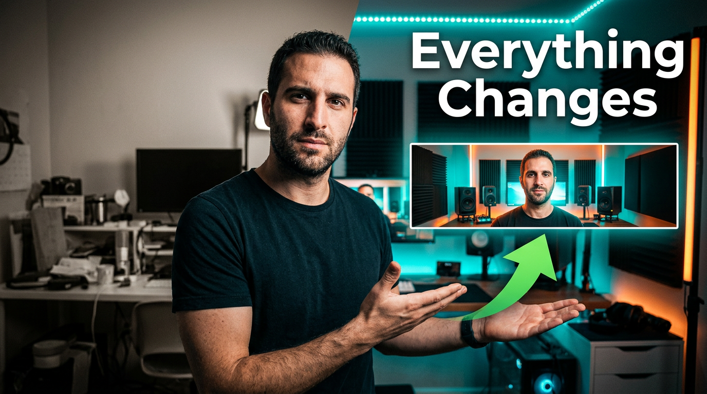 Creator in a dramatic studio with a large arrow and redesigned channel banner
