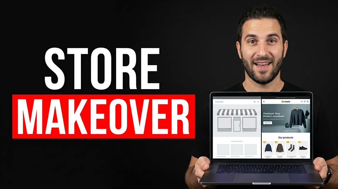 Shopify seller reacting beside a redesigned online storefront on a laptop
