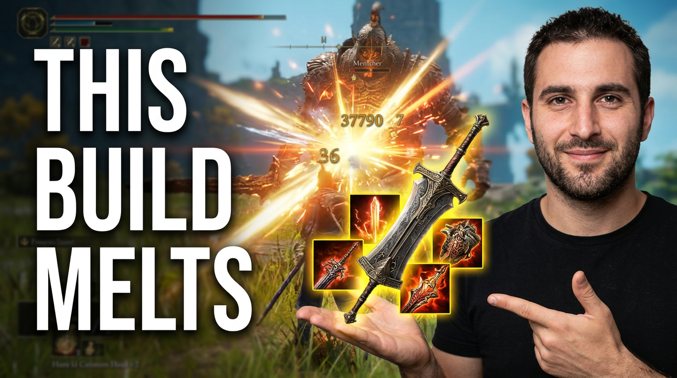 Gaming creator presenting a powerful weapon build with enemy damage effects