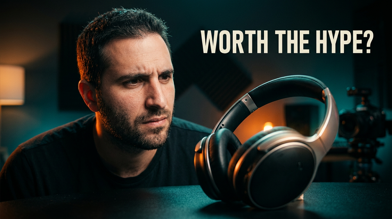 Male creator examining a featured product image with a skeptical expression against a dramatic dark backdrop