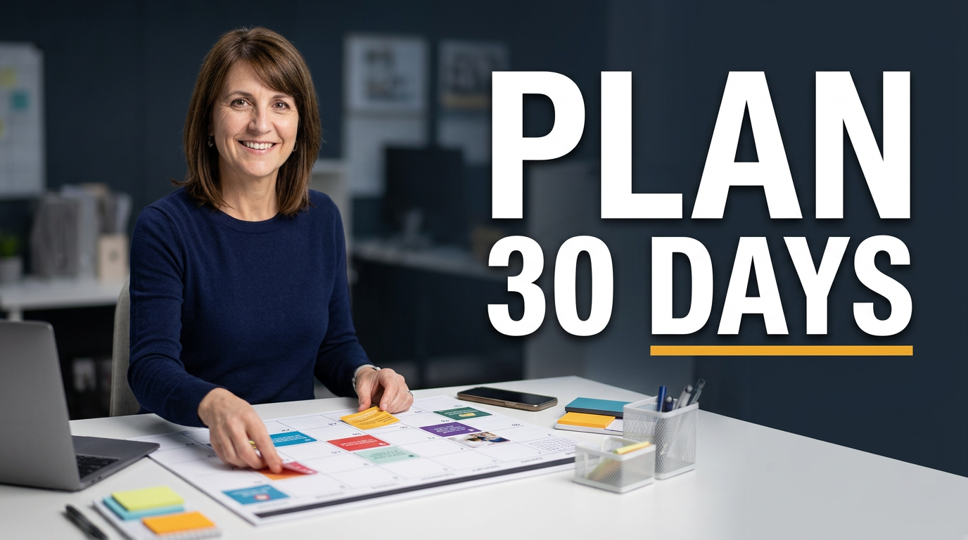 Female social media manager planning a month of posts at a desk with a calendar and content cards