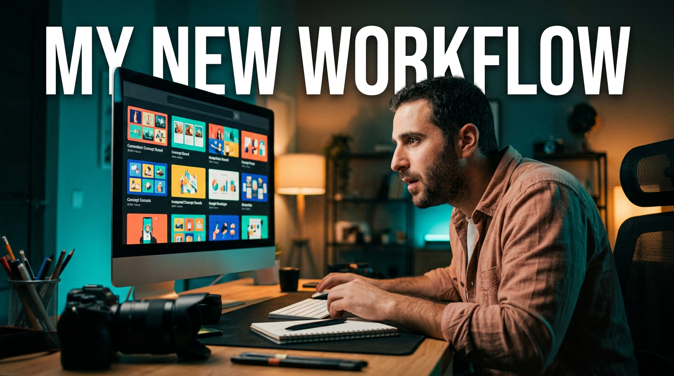 Creator at a desk reviewing AI thumbnail concepts on a monitor