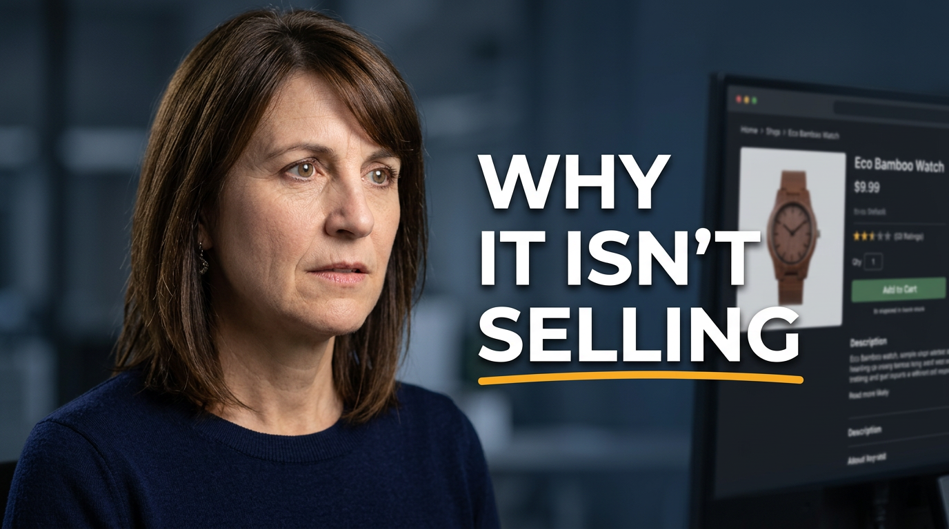 Female ecommerce creator studying a storefront product page beside a highlighted product image