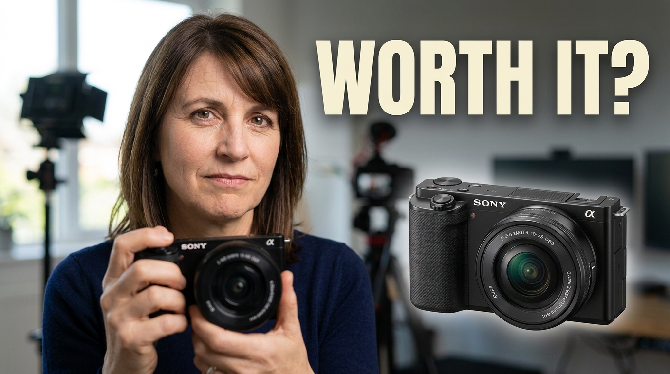 Creator holding a compact creator camera with a skeptical expression