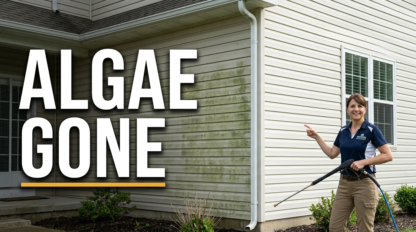Female exterior cleaner reacting to freshly washed vinyl siding beside algae-stained siding