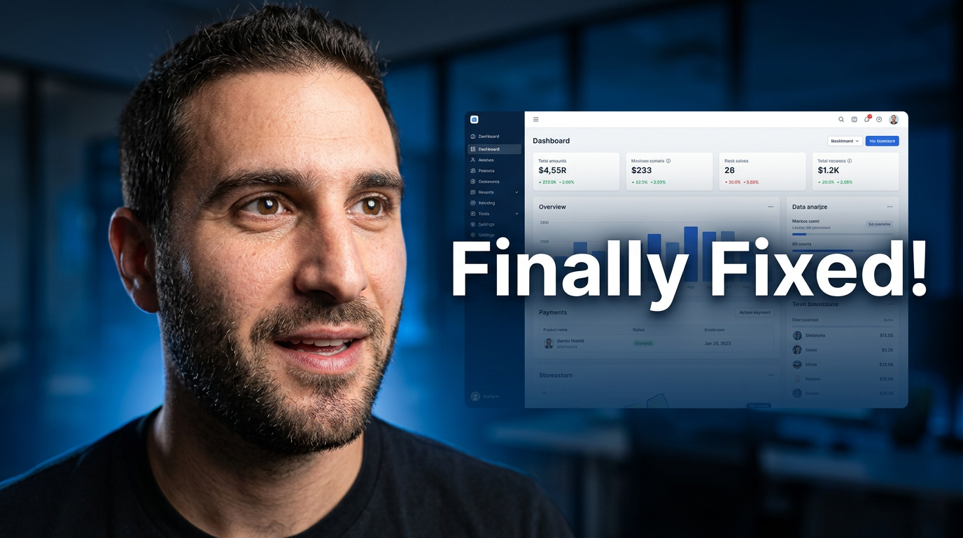 Creator reacting beside a clear app dashboard on a bright blue background