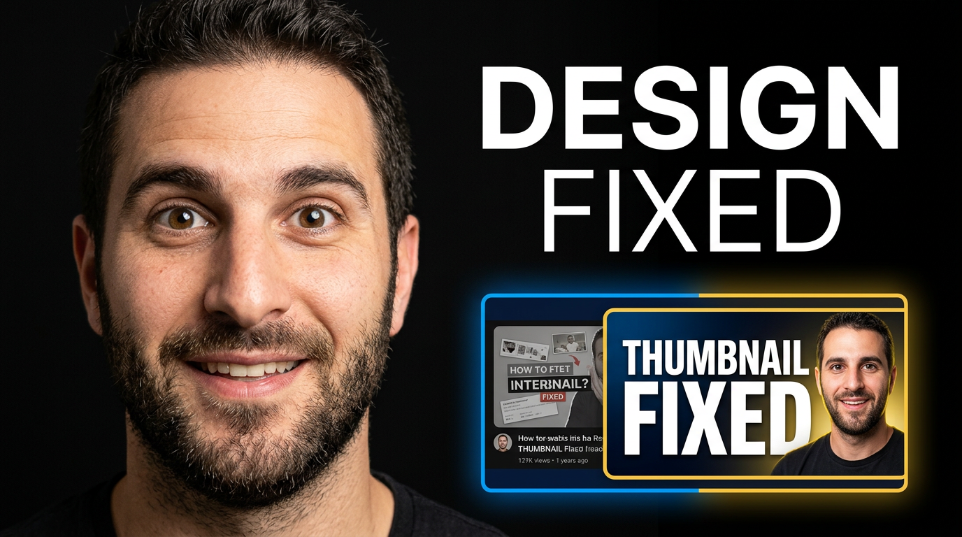 Male creator reacting beside a polished thumbnail redesign on a bold split background