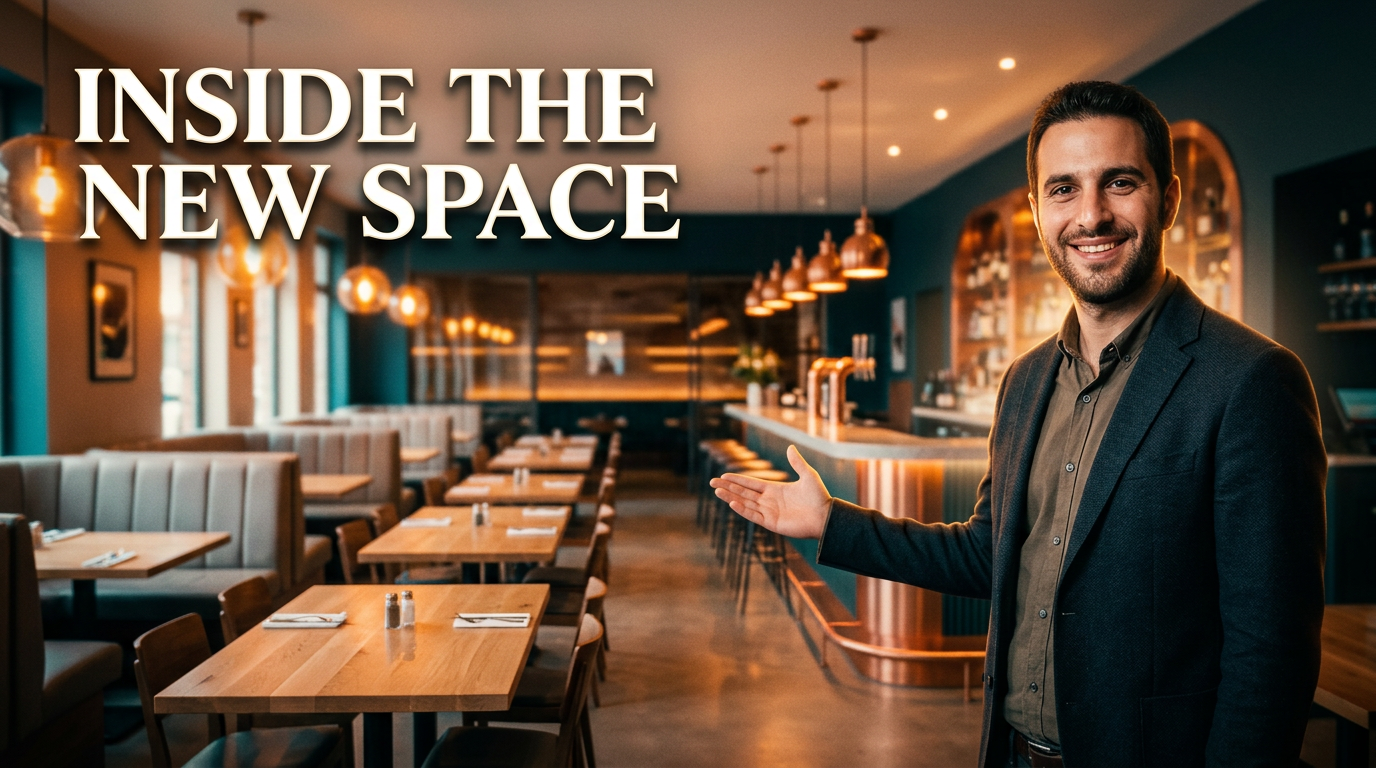 Restaurant owner standing in a newly redesigned dining room with a wide view of the interior