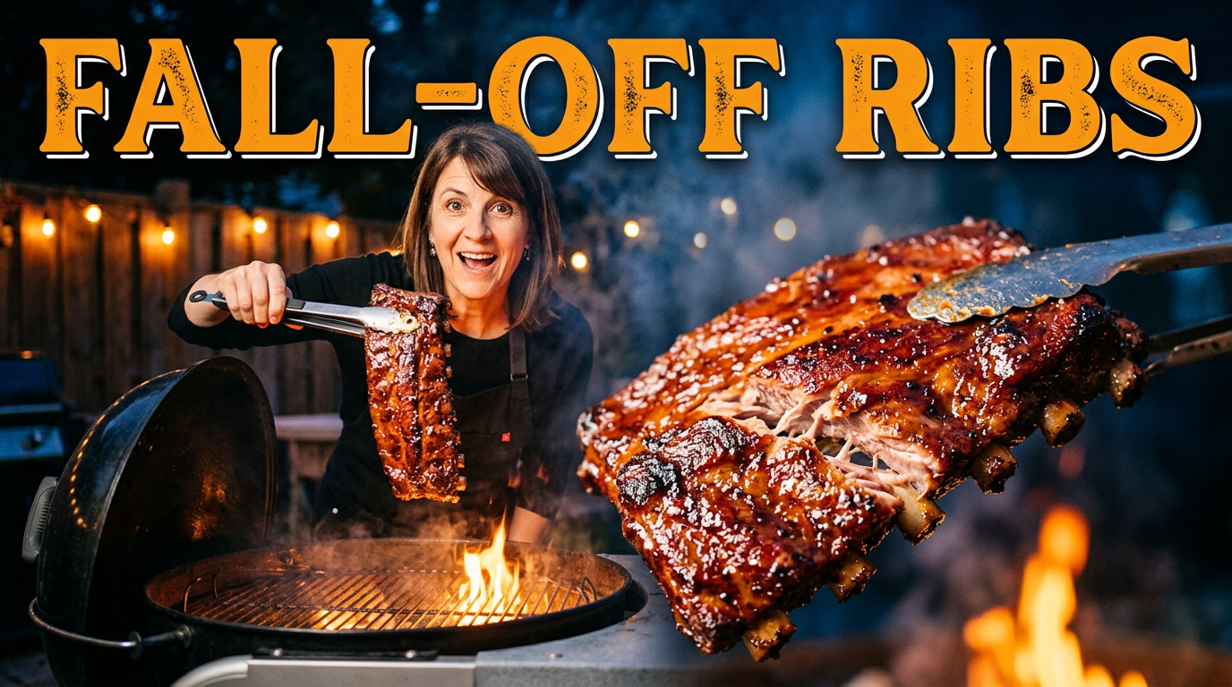 Woman lifting glossy barbecue ribs from a grill