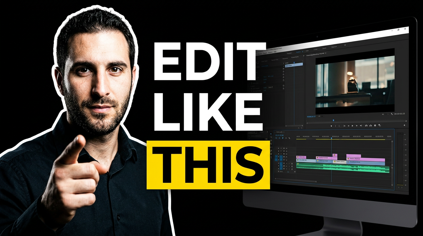 Male creator pointing toward a bright video editing timeline on a monitor in a focused desk setup.