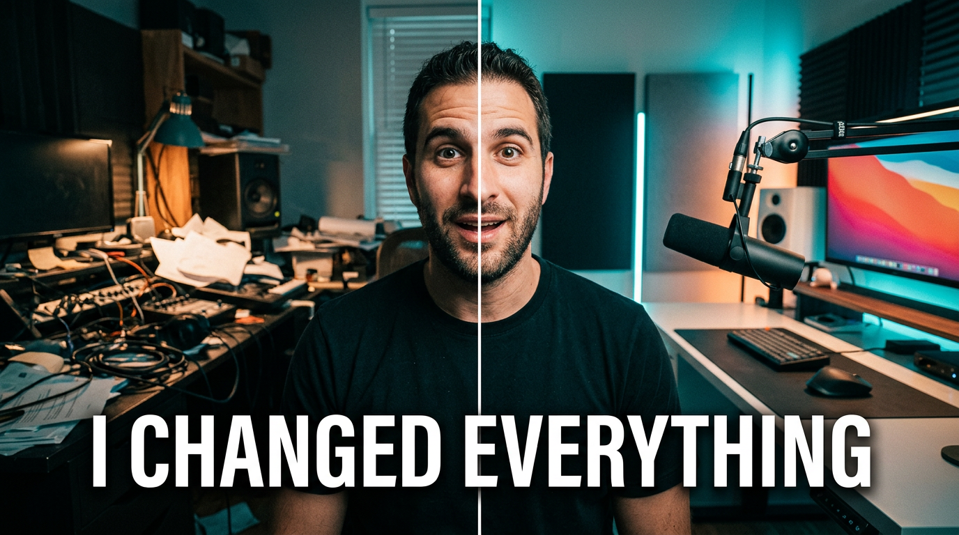 Creator between contrasting old and new workspace setups in a dramatic channel update thumbnail.