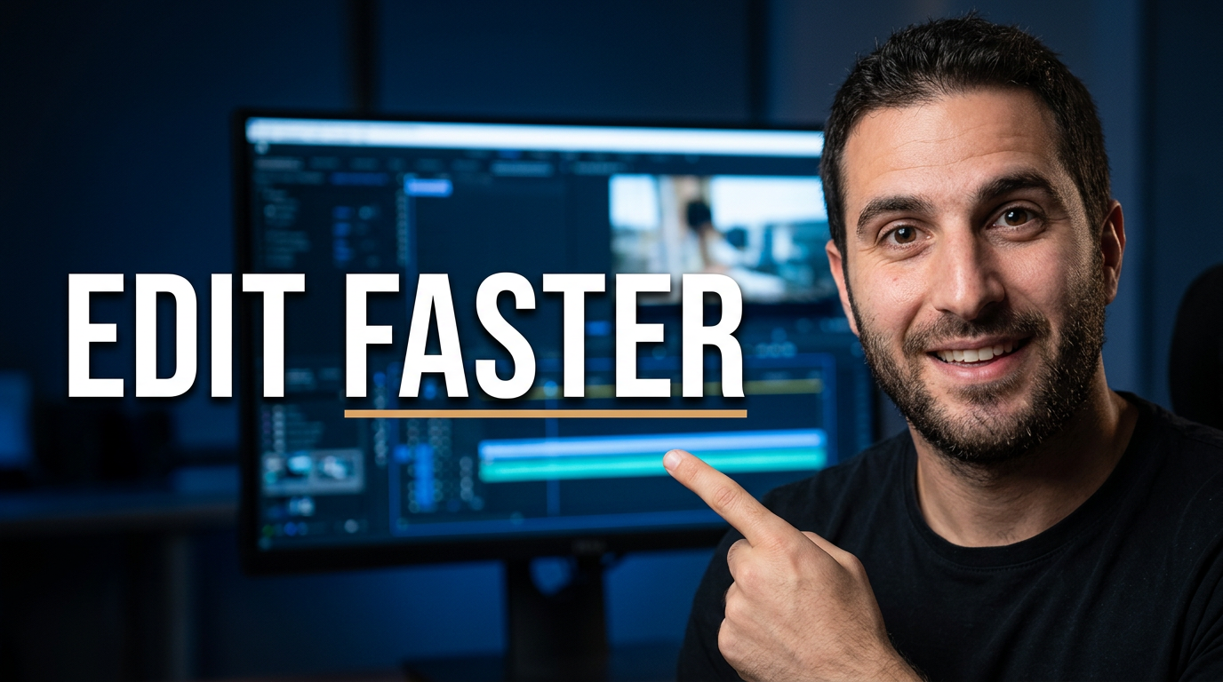 Creator pointing toward a video editing timeline in a high-contrast tutorial thumbnail.