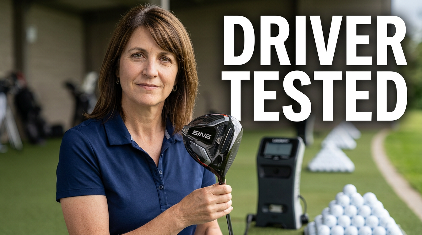 Female golfer holding a modern driver beside a launch monitor on a practice range