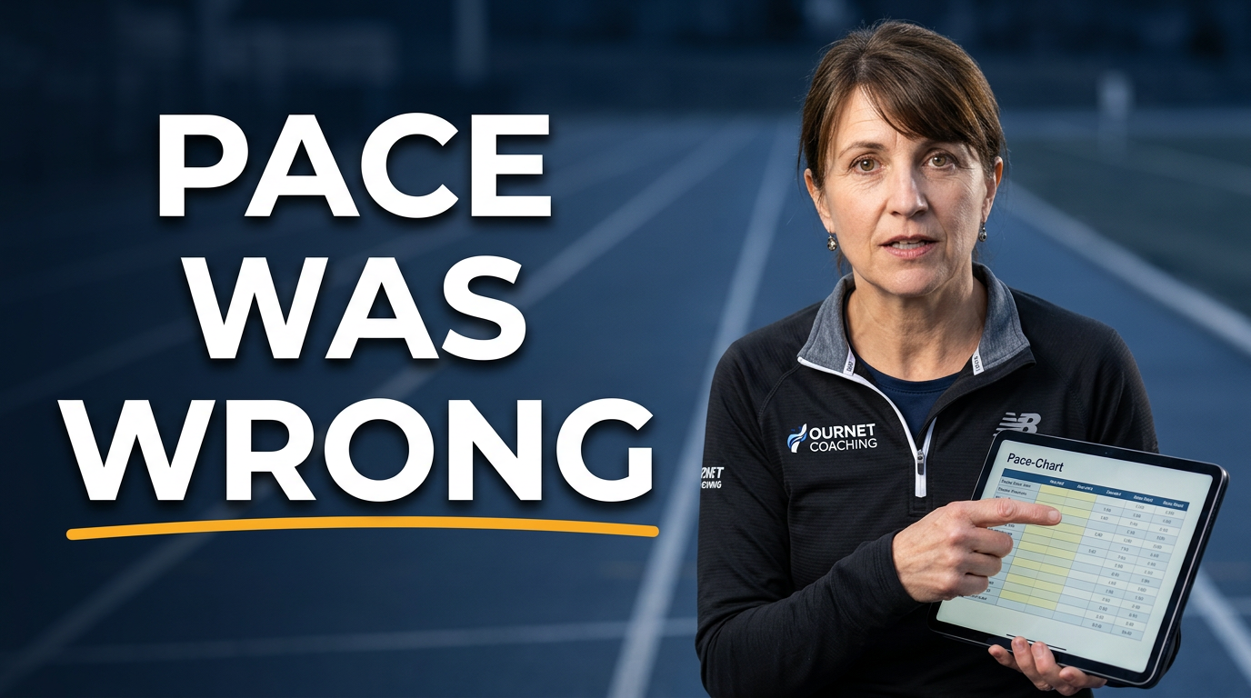 Female running coach pointing at a pace chart beside a track
