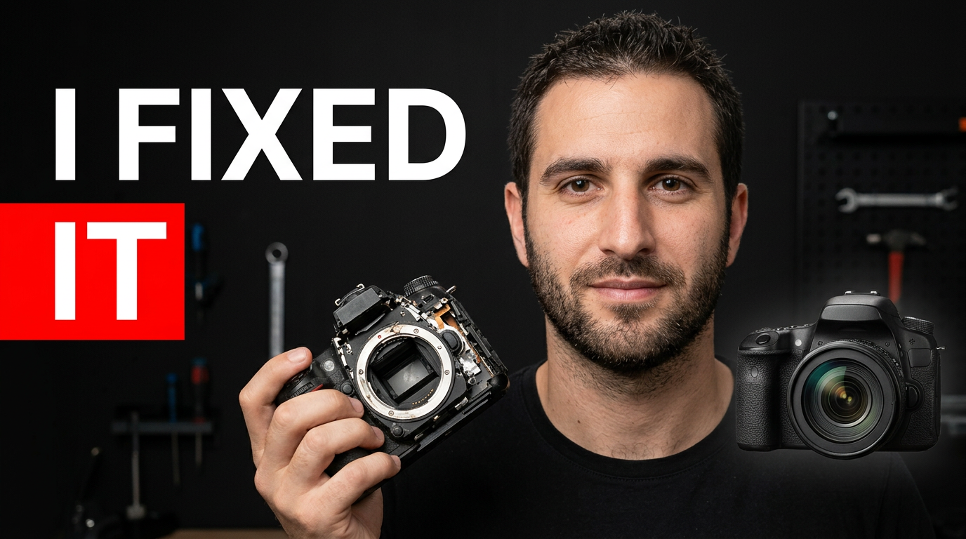 Creator holding a repaired camera beside a damaged version in a dramatic workshop thumbnail composition.