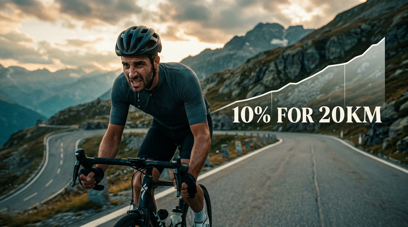 Cyclist climbing a steep mountain road beside a dramatic elevation profile