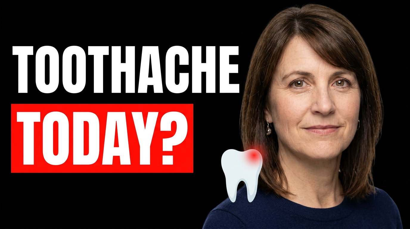 Female dentist in a bright dental office with a subtle toothache illustration