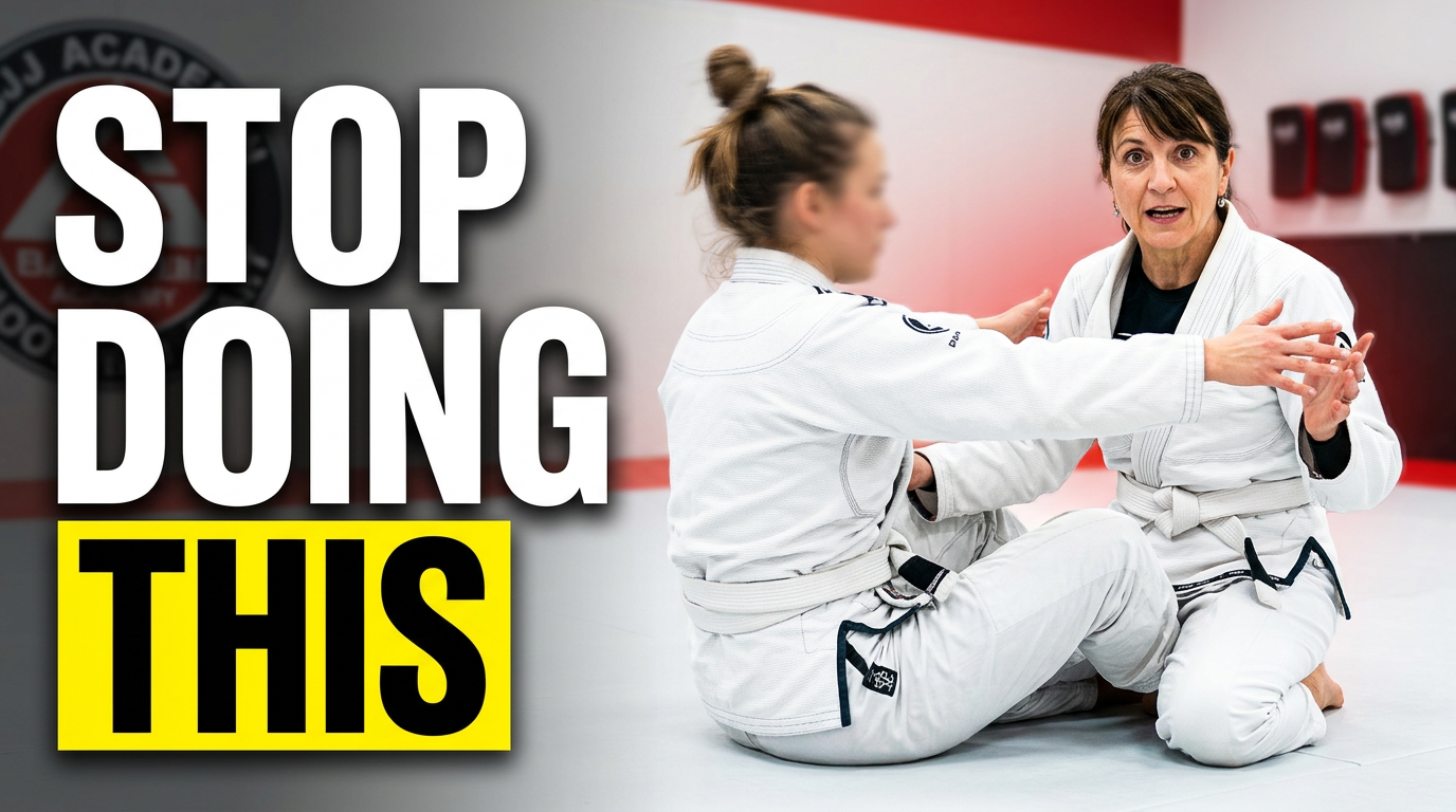 Female BJJ practitioner reacting to a common guard mistake during training