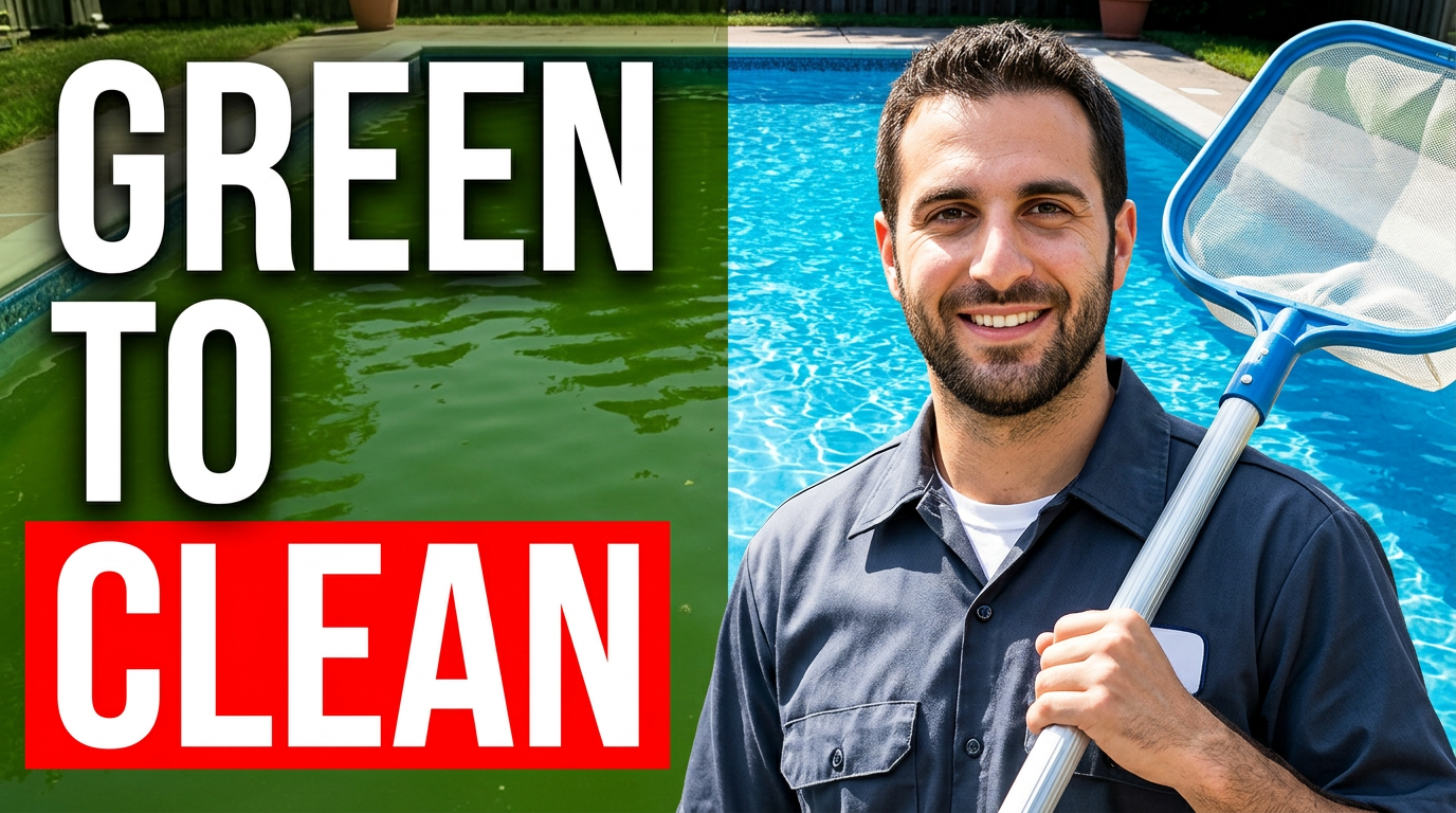 Pool technician beside a split view of green water and clear blue water