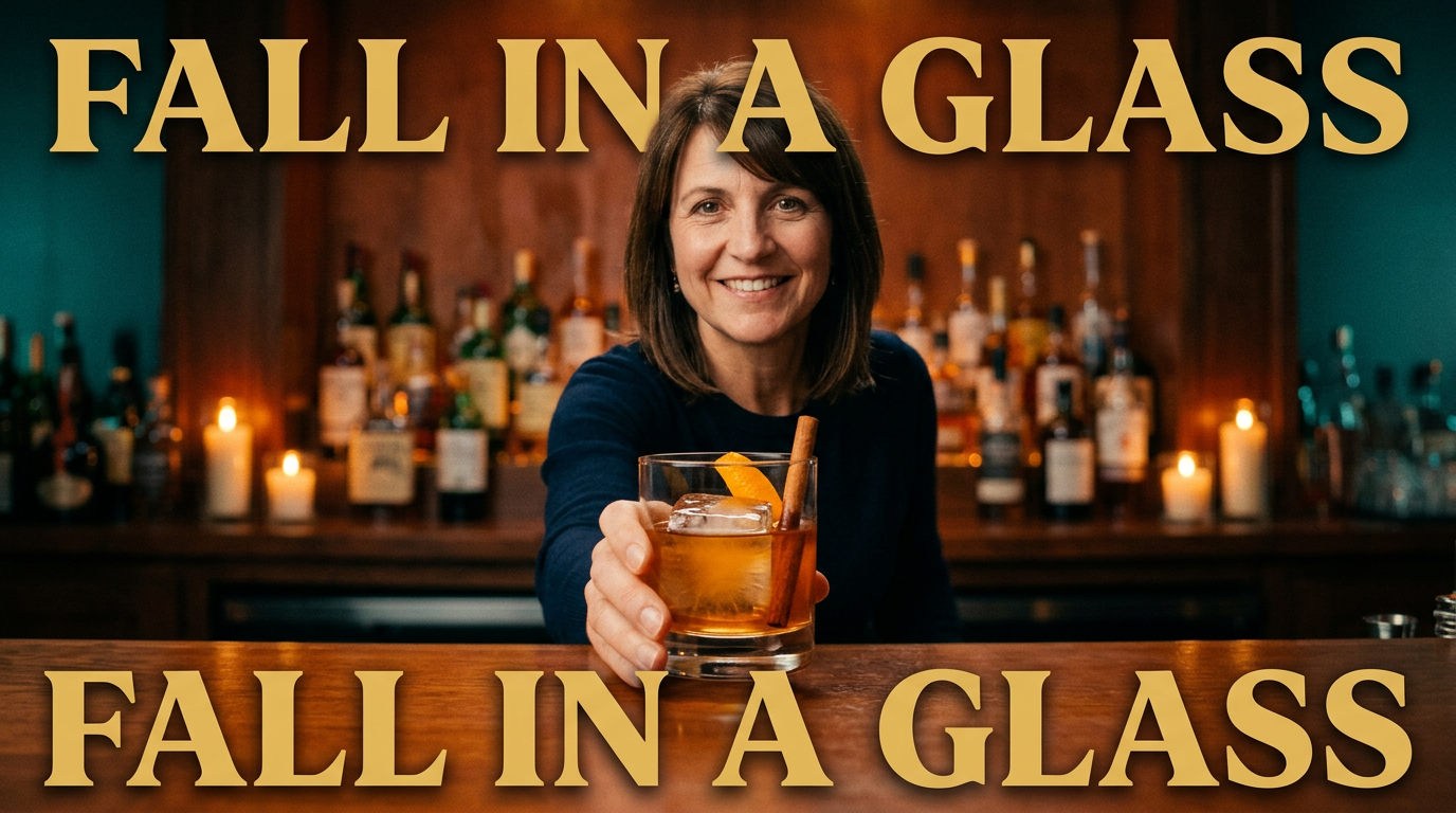 Female bartender presenting an amber cocktail with an orange twist in a moody bar setting