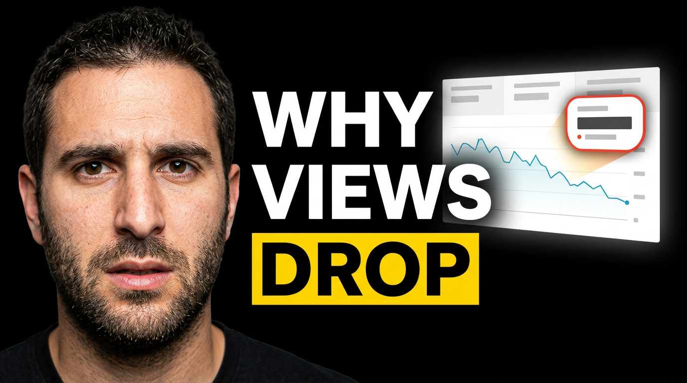 Male creator reacting to a downward analytics chart in an explanatory YouTube thumbnail