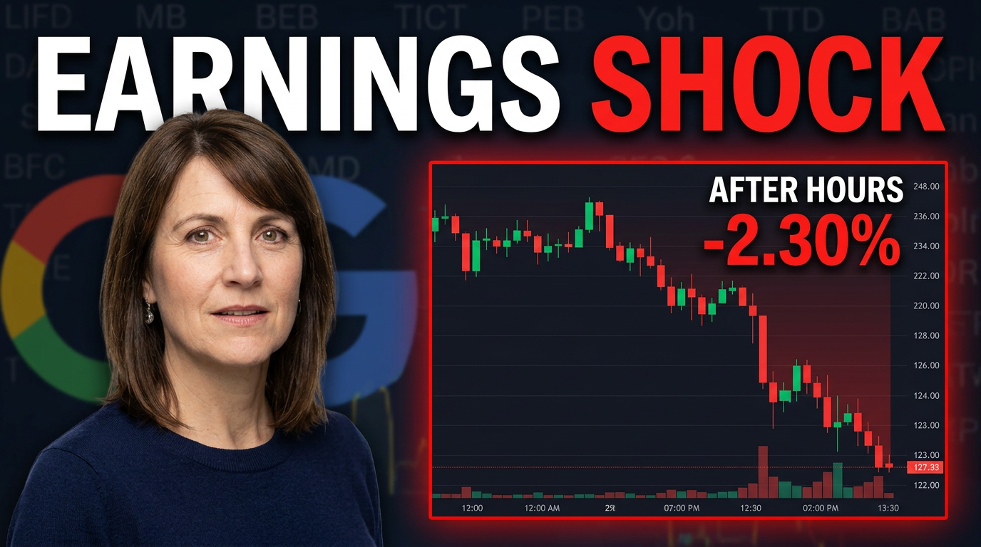 Finance thumbnail concept with a female creator reacting to a sharp post-earnings stock move