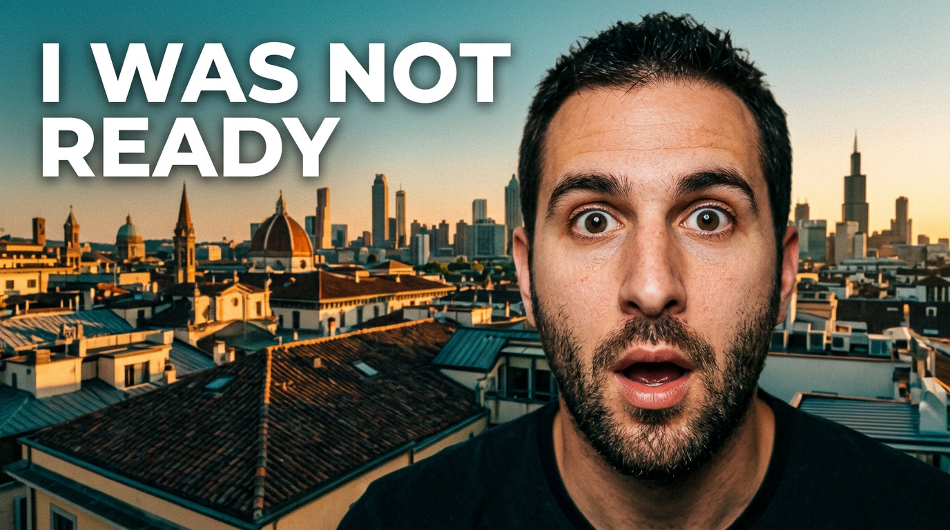 Male travel vlogger reacting in front of a dramatic city skyline at golden hour