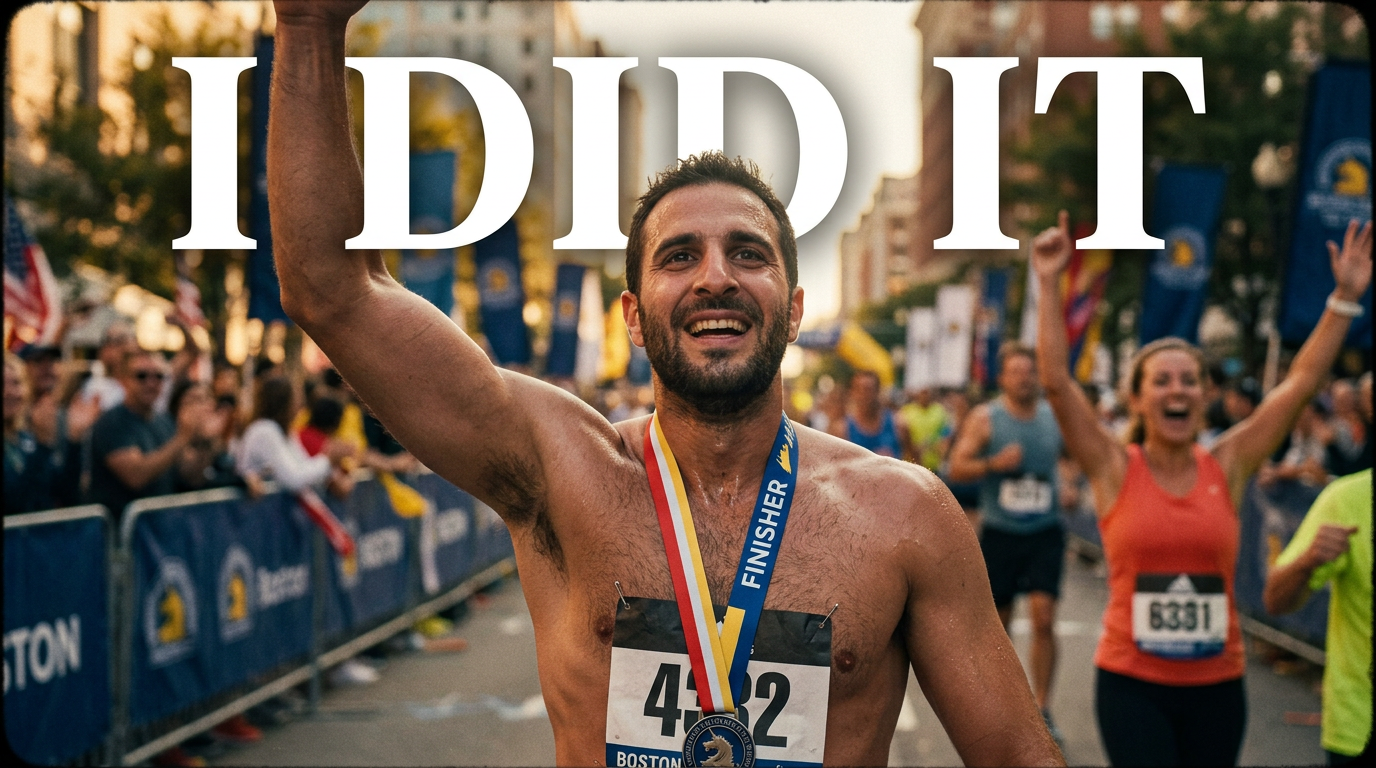 Male runner celebrating at a marathon finish line with medal and race bib