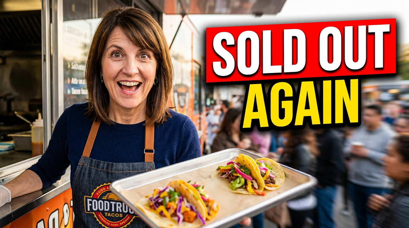Female food truck operator at a busy serving window with a nearly empty tray of tacos