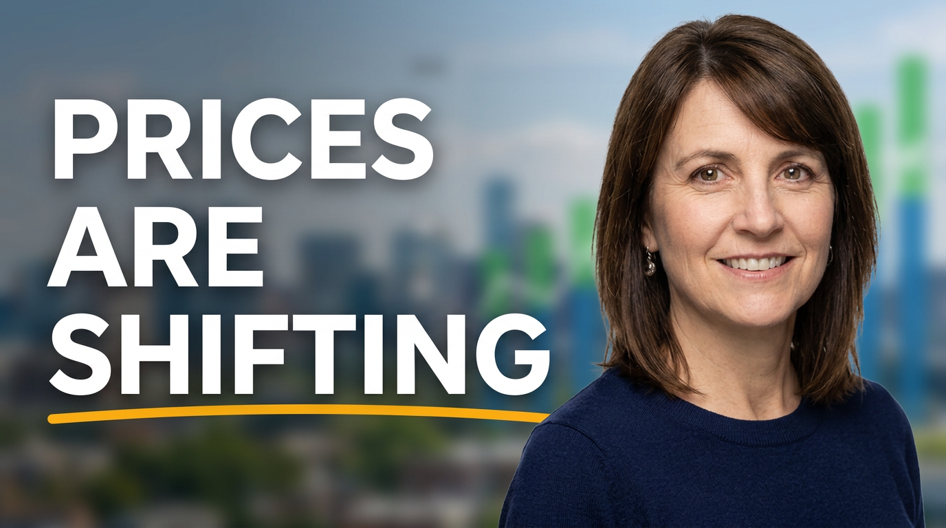 Female real estate agent with local city skyline for market update thumbnail concept