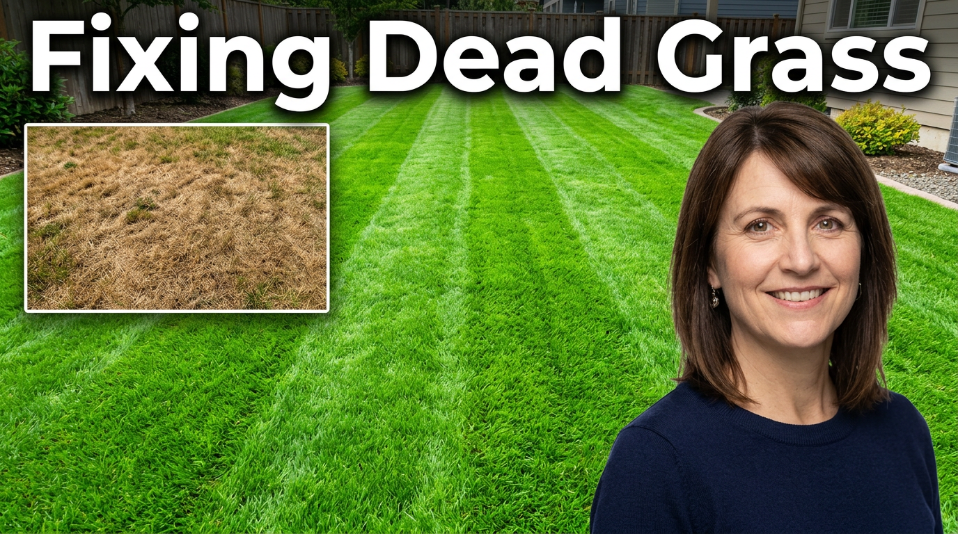 Female lawn-care professional reacting beside a lush green renovated lawn and a dry brown lawn inset