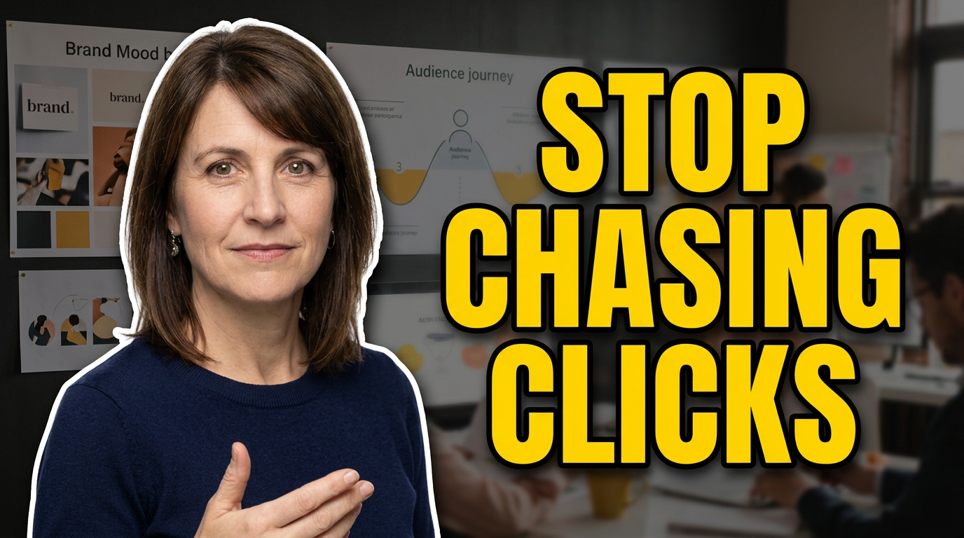 Female agency founder addressing the camera in a refined creative studio