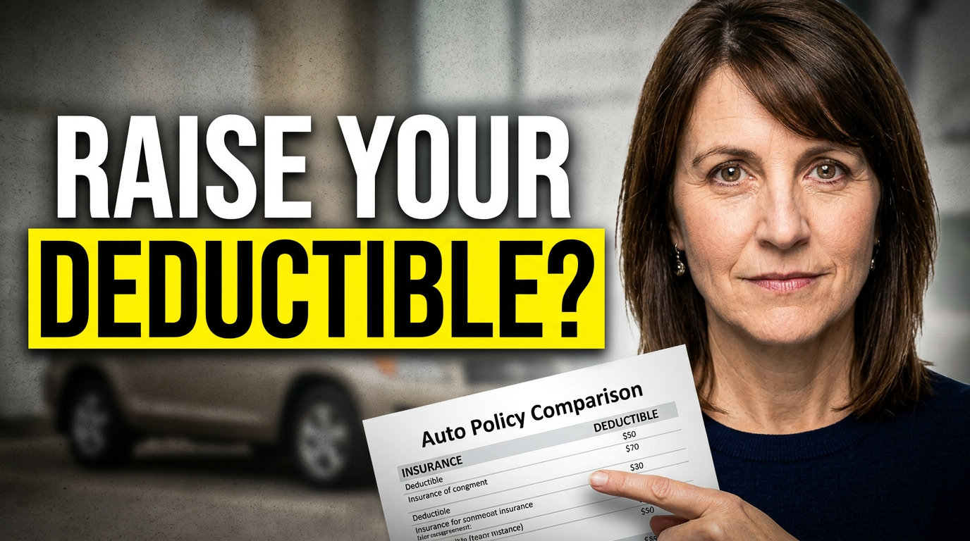 Female insurance agent beside a clean auto insurance comparison document and a car in the background
