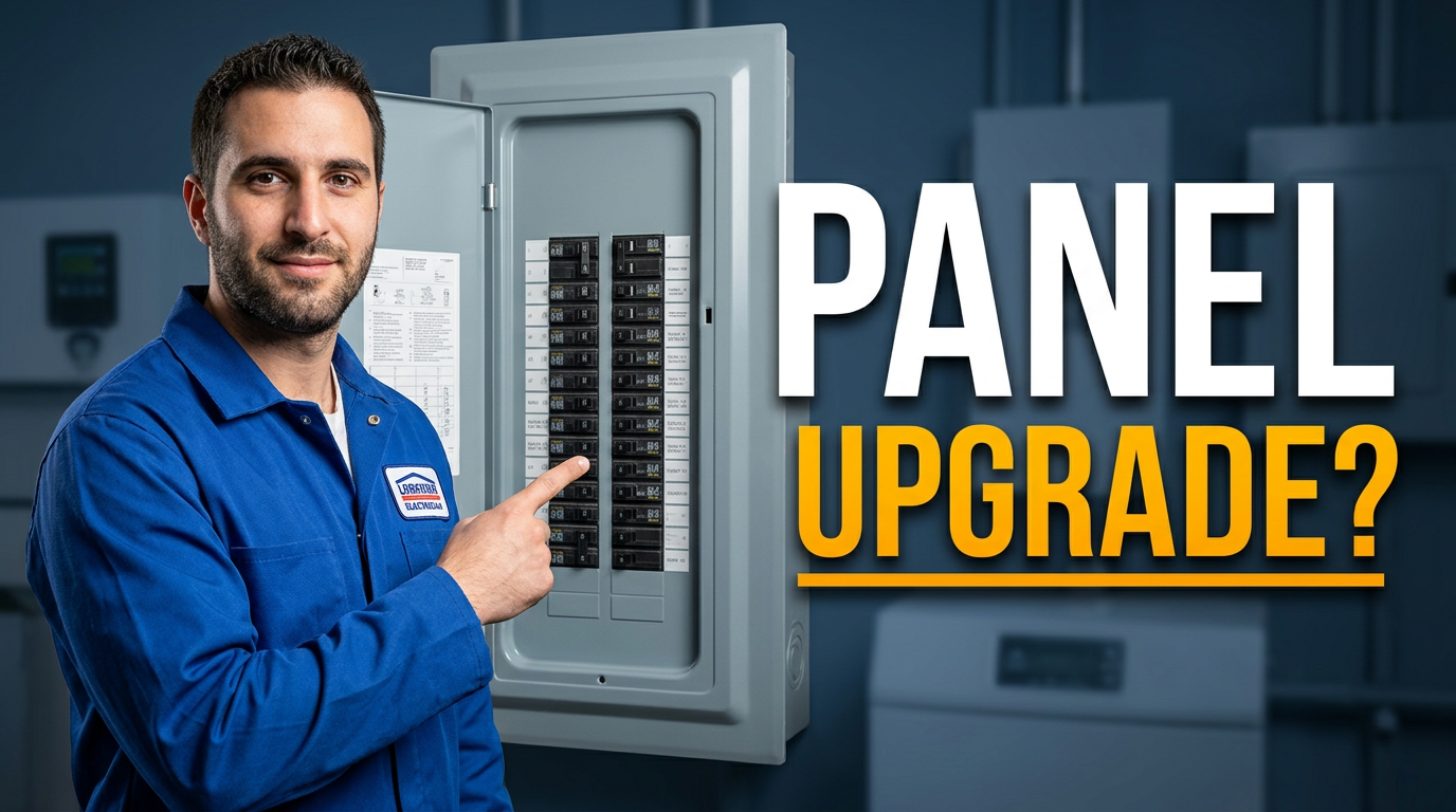 Electrician pointing toward a modern breaker panel in a residential utility room
