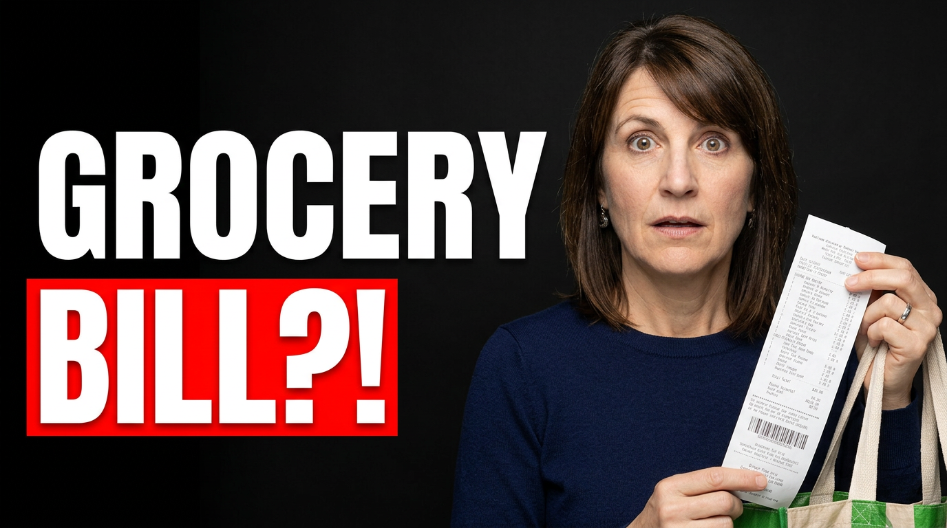 Female budgeting creator reacting to a long grocery receipt beside a shopping bag