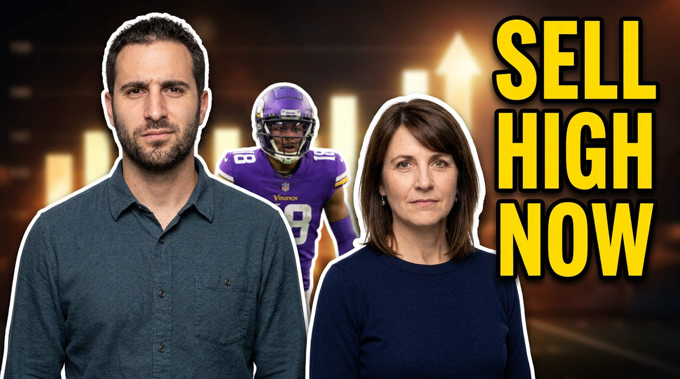 Fantasy football host reacting to a rising player value in a dramatic trade discussion thumbnail