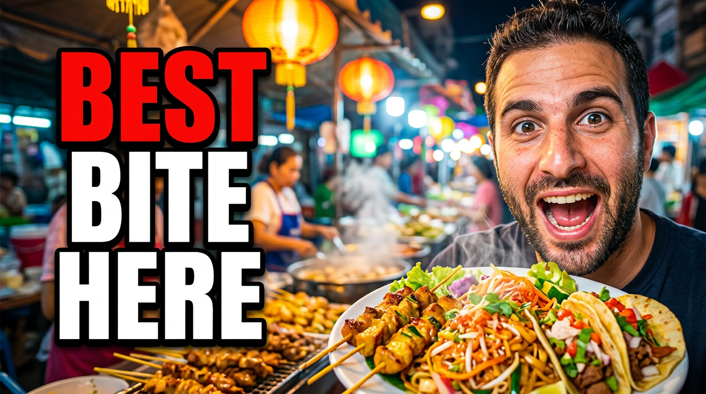 Male travel vlogger holding local street food in a vibrant night market