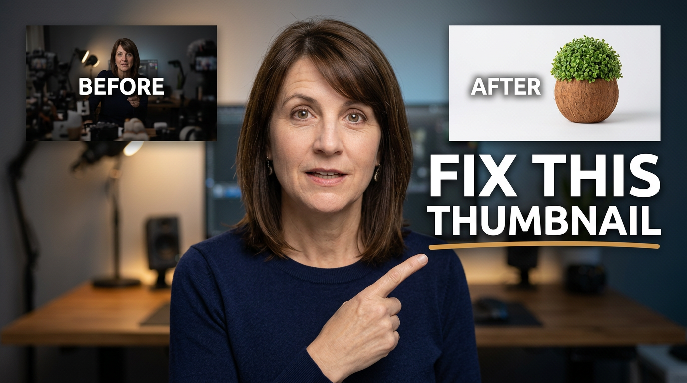 Female creator reacting to a weak thumbnail transformed into a cleaner, more compelling design