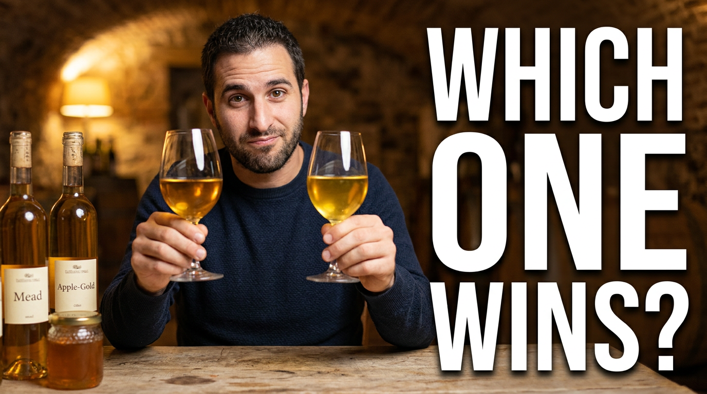 Homebrewer comparing a mead and cider glass at a tasting table