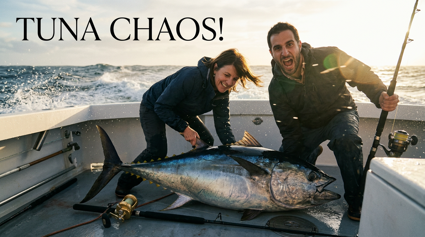 Two anglers reacting beside a large tuna on an offshore boat